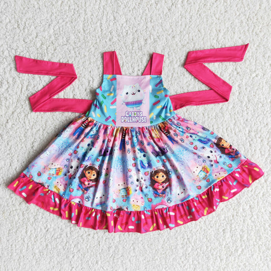 E14-2 Pink Blue Cat Cartoon Belt Patchwork Girls Short Sleeve Dresses