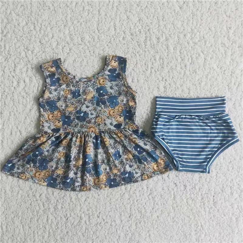 A8-11 Blue Floral Print Girls Short Sleeve Bummies Outfits