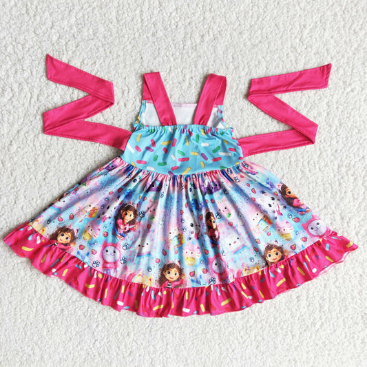 E14-2 Pink Blue Cat Cartoon Belt Patchwork Girls Short Sleeve Dresses