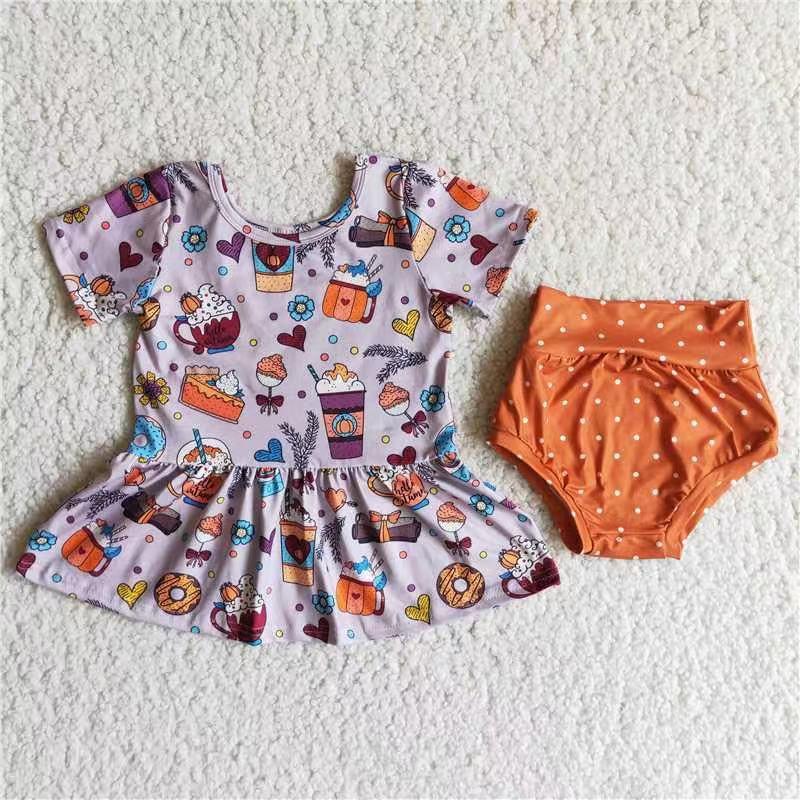 A5-4 Halloween Pumpkin Coffee Cup Purple Girls Short Sleeve Bummies Outfits