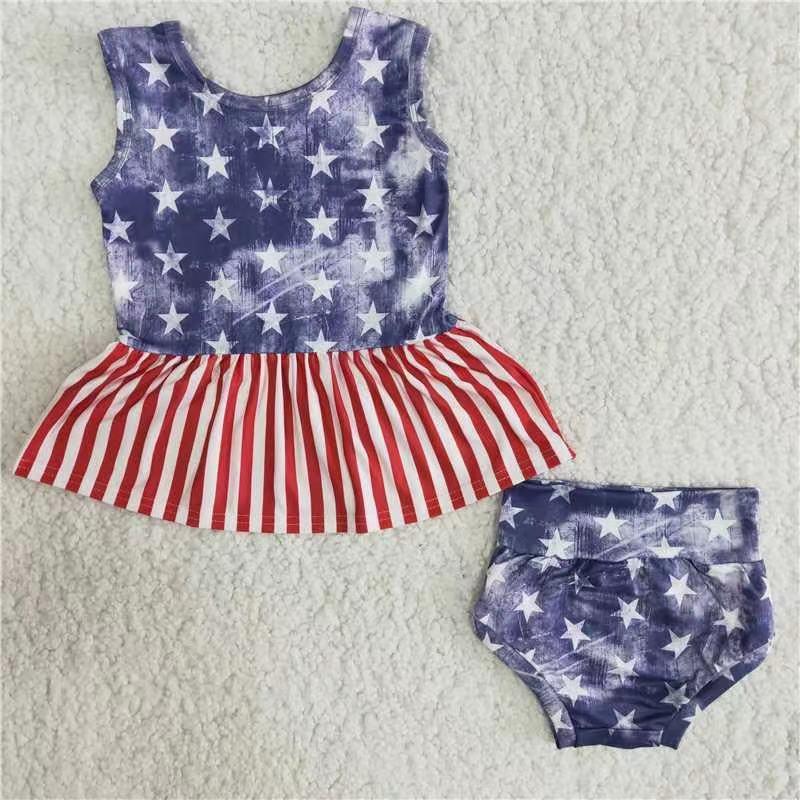 A12-12 4th Of July Blue Starts Red Stripes Girls Short Sleeve Bummies Outfits