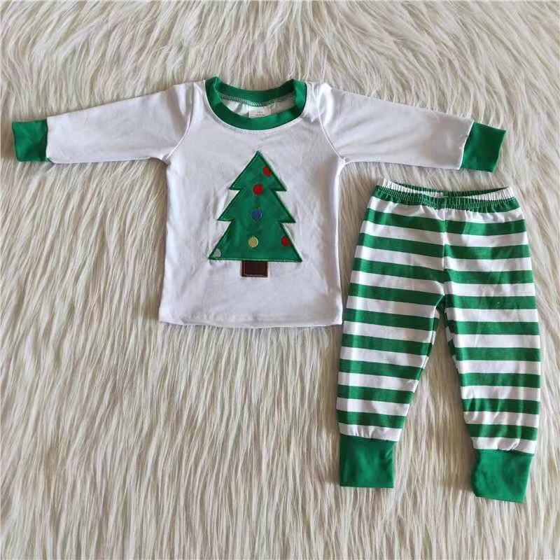 Clearance 6 B12-37 Christmas Green Tree Pink Dots Embroidery Girls Long Sleeve Pajamas