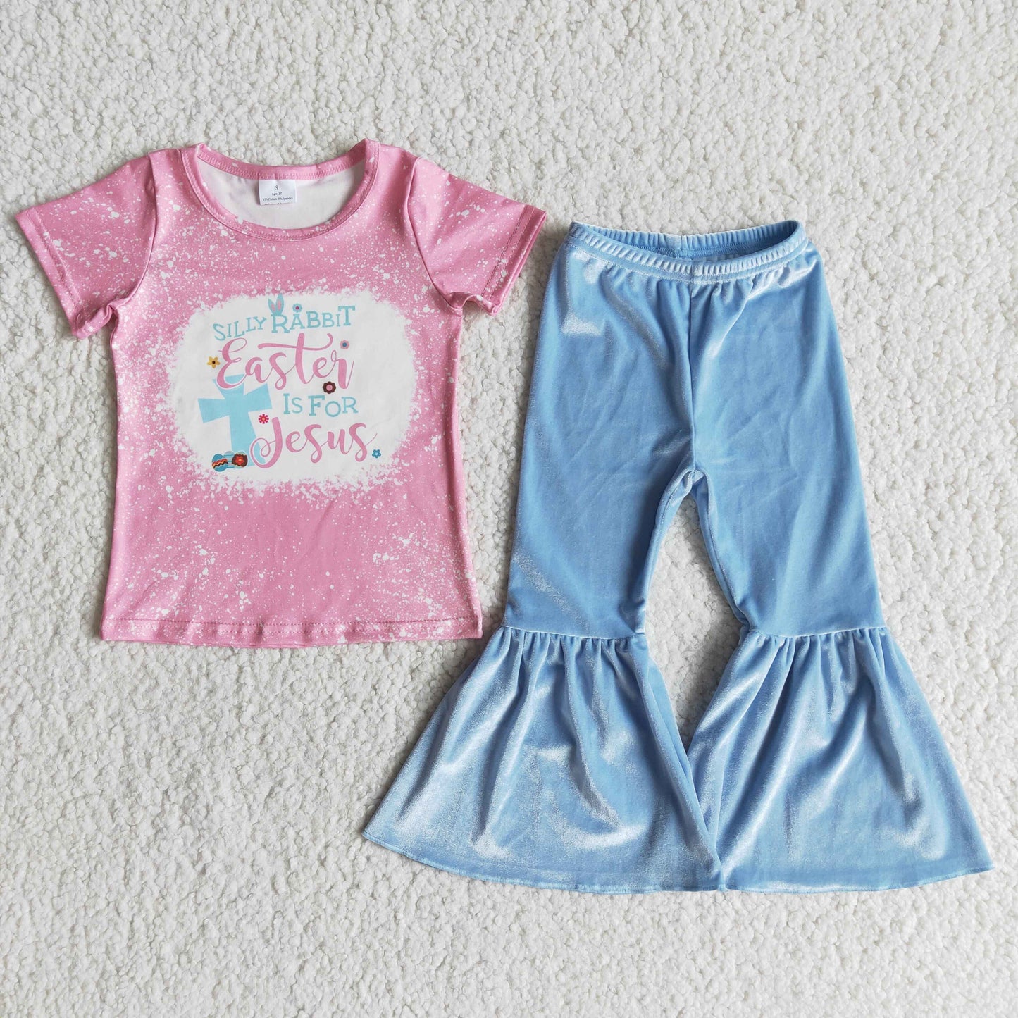 E12-11 Easter Jesus Pink Bleach Design Blue Velvet Girls Short Sleeve Bell Bottom Pants Outfits