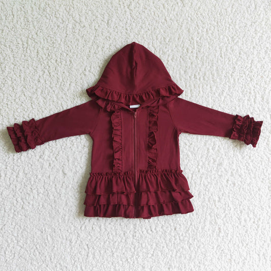 GT0014 Dark Red Ruffles Girls Long Sleeve Hoodies Top