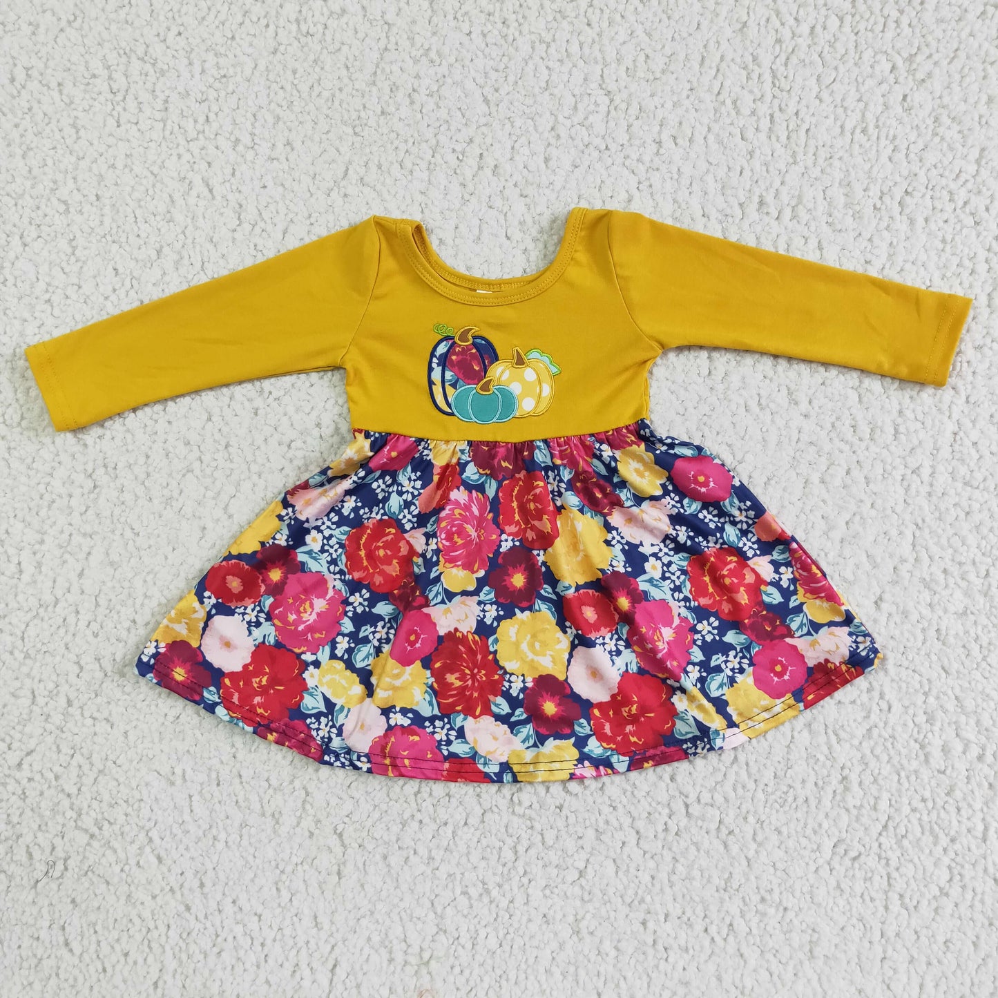 GLD0003 Halloween Pumpkin Embroidery Yellow Red Floral Girls Long Sleeve Dresses