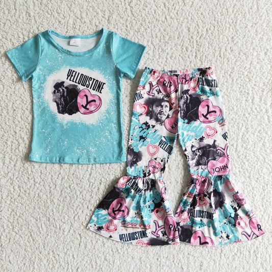 GSPO0016 Blue Pink Love Cowboy Girls Short Sleeve Pants Outfits