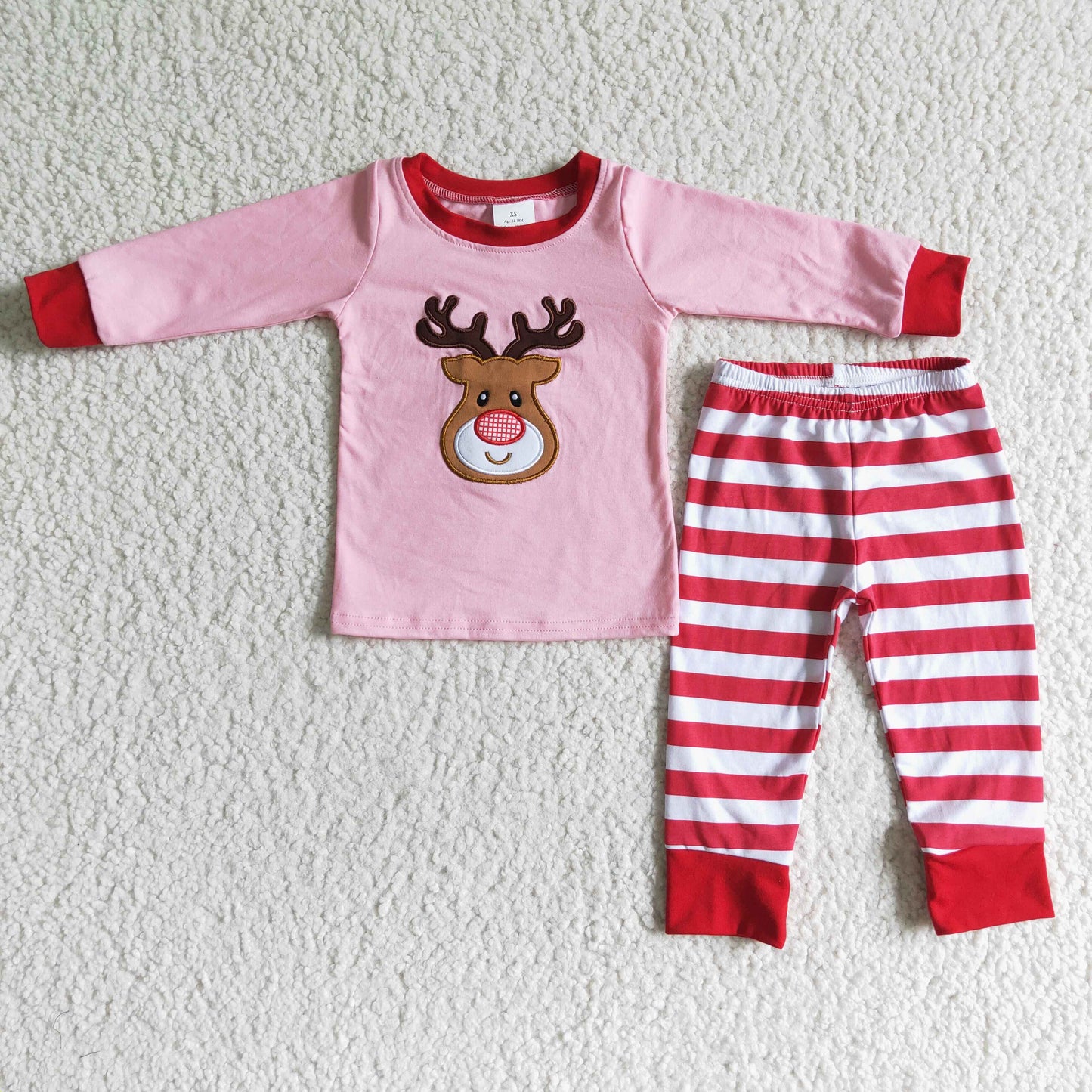 6 A27-12 Christmas Deer Pink Cotton Striped Embroidery Girls Long Sleeve Pajamas