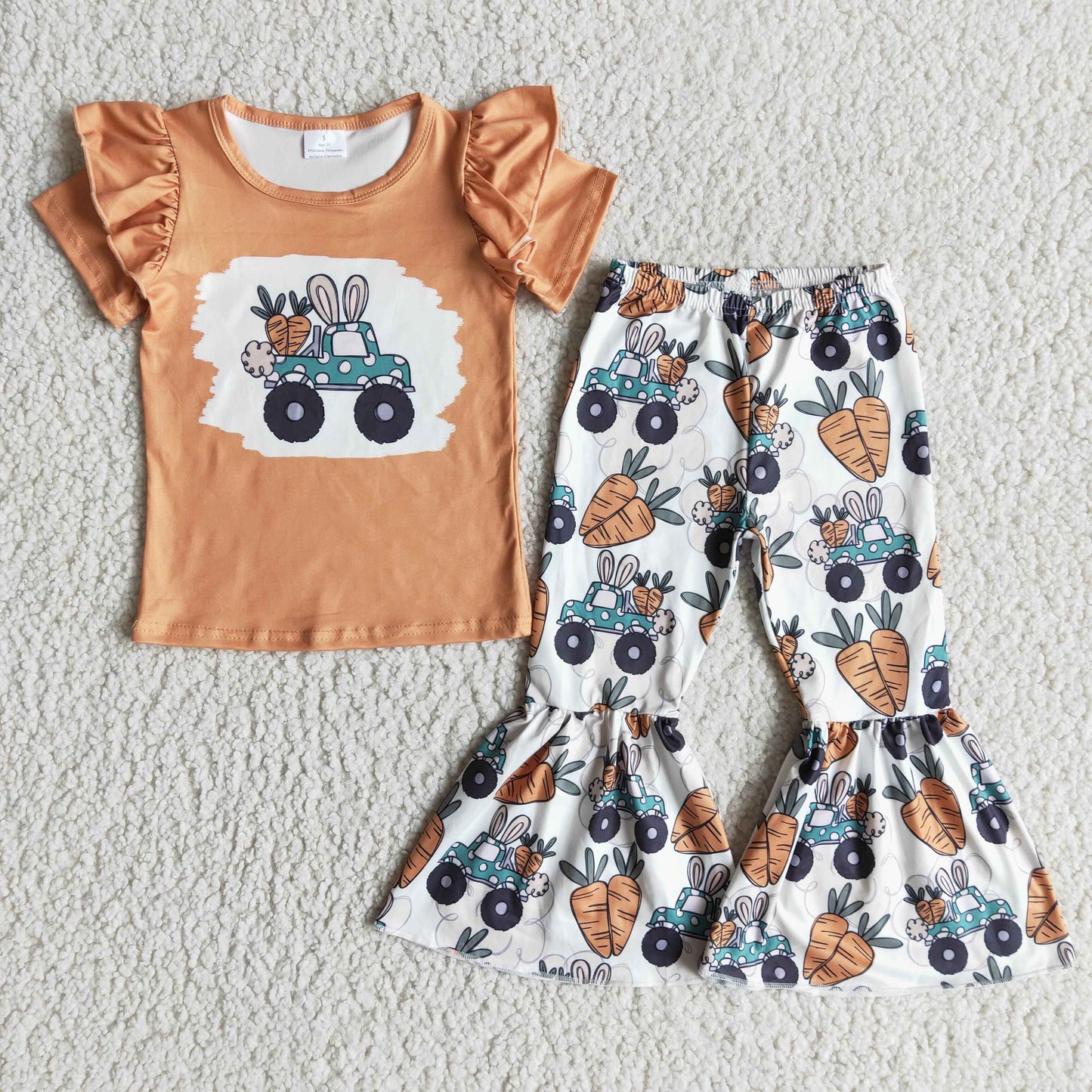 Clearance D11-4 Happy Easter Orange Rabbits Truck Girls Short Sleeve Bell Bottom Pants Outfits