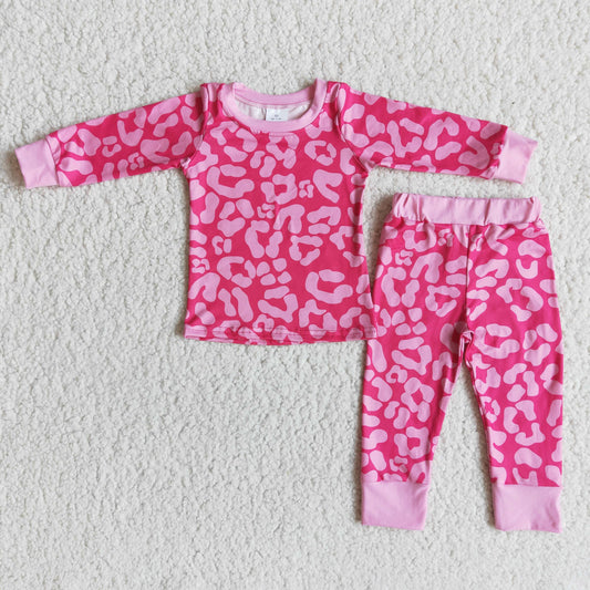 6 A29-20 Valentine Pink Leopard Print Girls Long Sleeve Pants Outfits Pajamas