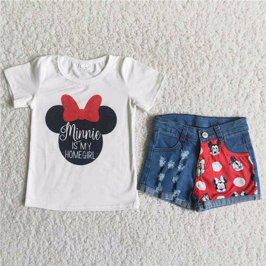 C15-19 Red M Cartoon Denim Jeans Girls Short Sleeve Shorts Outfits