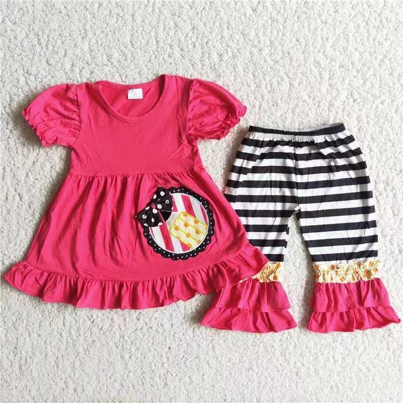 C10-23 Back To School Hot Pink Ruffles Embroidery Girls Short Sleeve Pants Outfits