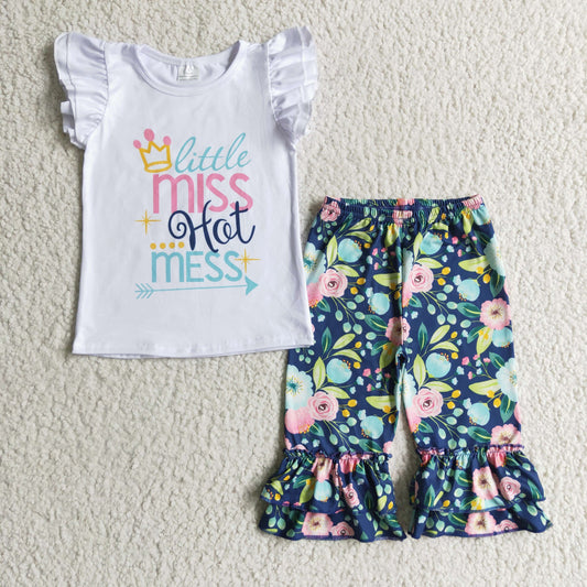 Clearance C10-24 Little Miss Hot Mess Blue Green Floral Girls Flutter Sleeve Pants Outfits