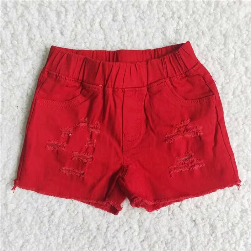 Summer Red Solid Color Shorts Denim Jeans