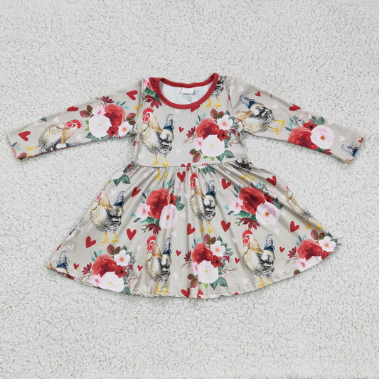 promotion GLD0163 Valentine Red Love Floral Flower Chicken  Girls Long Sleeve Dresses
