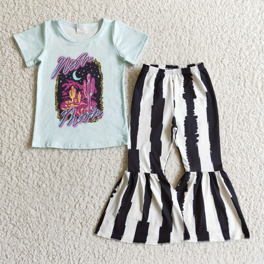 GSPO0213 Blue Black White Stripes Cactus Western Moon Girls Short Sleeve Bell Bottom Pants Outfits