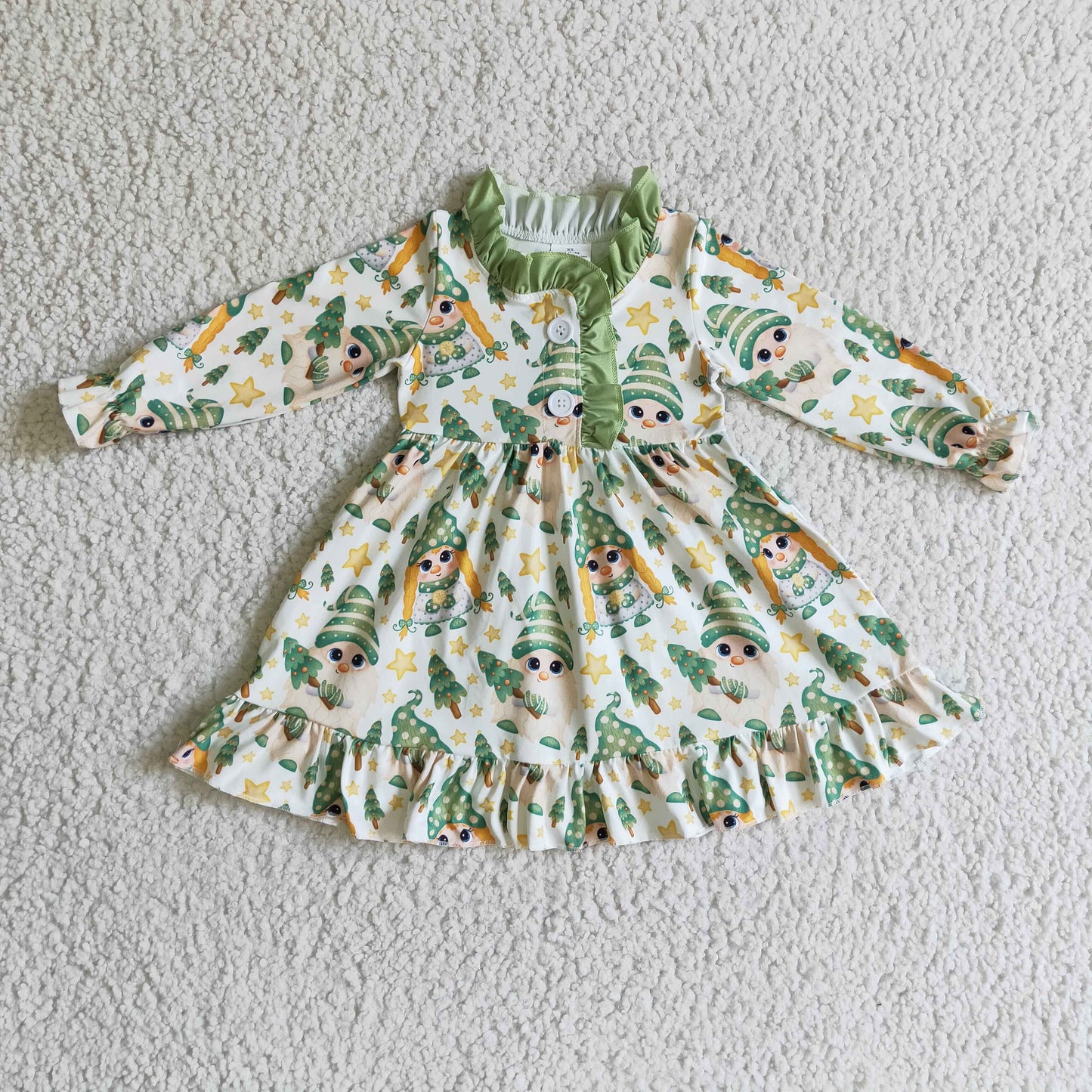 GLD0130 Christmas Green Santa Cartoon Collar Girls Long Sleeve Dresses