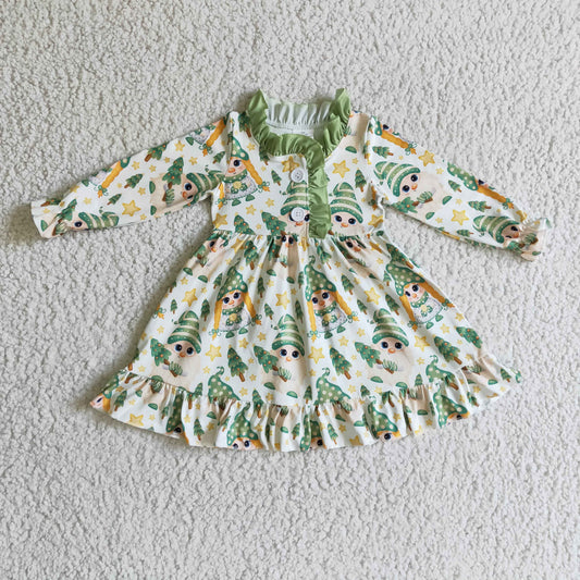 GLD0130 Christmas Green Santa Cartoon Collar Girls Long Sleeve Dresses