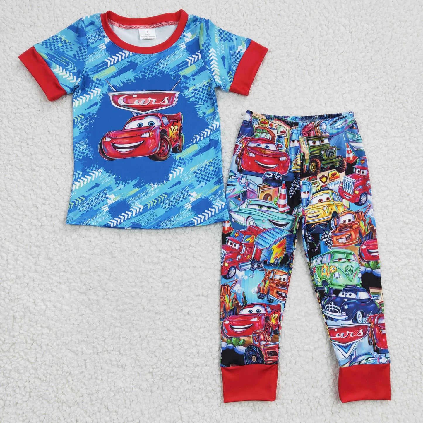 BSPO0090 Red Blue Cartoon Car Boys Short Sleeve Pants Outfits