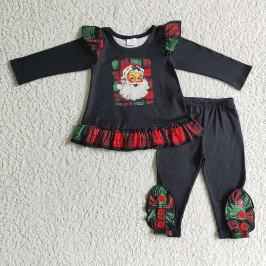 GLP0259 Christmas Santa Black Red Green Plaid Ruffles Girls Long Sleeve Pants Outfits