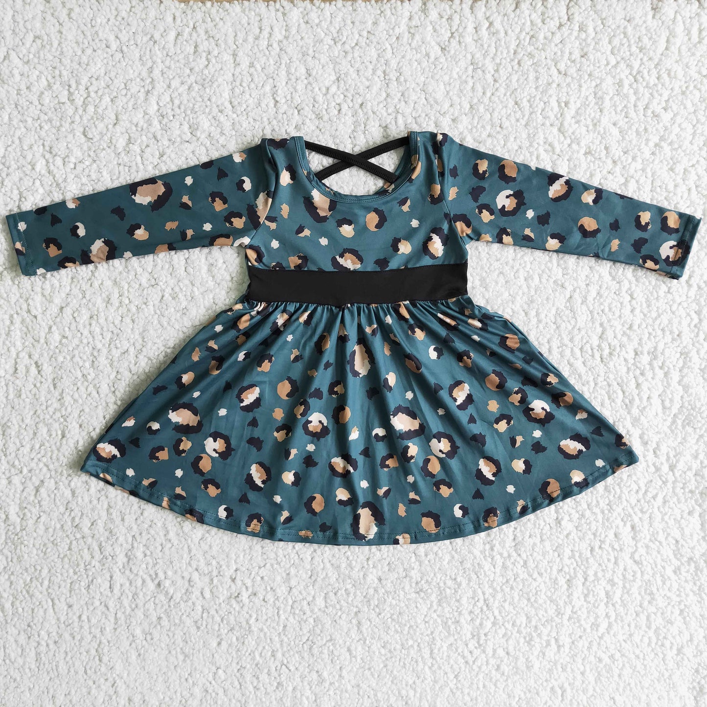 Clearance 6 A1-3 Green Leopard Print Long Sleeve Fall/ Winter Casual Girls Dress