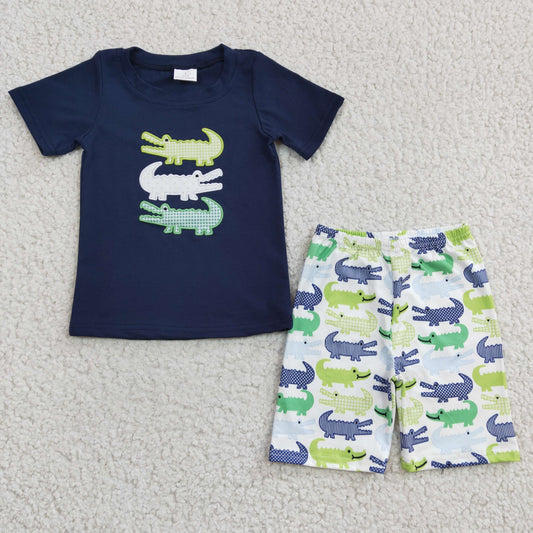 BSSO0132 Crocodile Blue Plaid Embroidery Boys Short Sleeve Shorts Outfits
