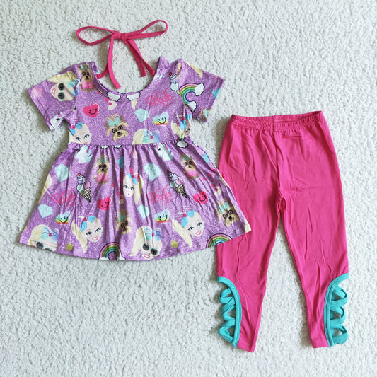 Clearance B18-5 Pink Dog Character Cartoon Tunic Girls Short Sleeve Pants Outfits