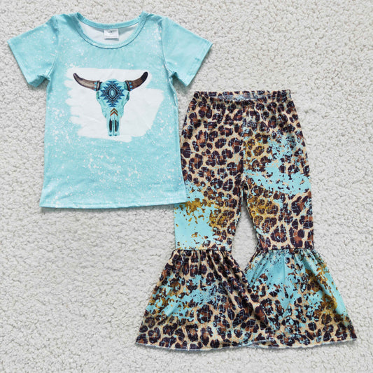 promotion RTS GSPO0248 Blue Bleach Leopard Highland Cow Girls Short Sleeve Bell Bottom Pants Outfits