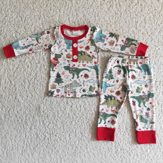 Clearance 6 A3-27 Christmas Dinosaur Red Green Boys Long Sleeve Pants Outfits Pajamas