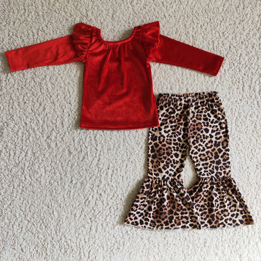 GLP0312 Valentine Love Heart Red Leopard Velvet Girls Long Sleeve Bell Bottom Pants Outfits