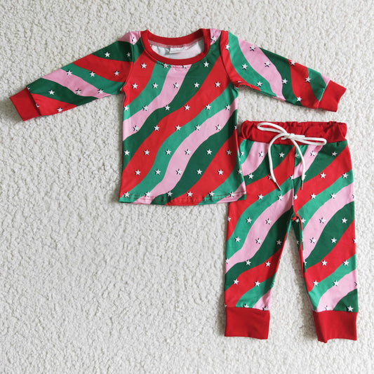 GLP0186 Christmas Red Green Starts Girls Long Sleeve Pajamas
