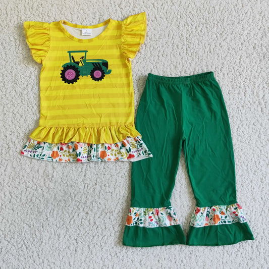 Clearance B9-16 Yellow Striped Truck Green Girls Short Sleeve Pants Outfits