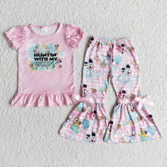 E7-10 Easter Pink M Cartoon Girls Short Sleeve Bell Bottom Pants Outfits