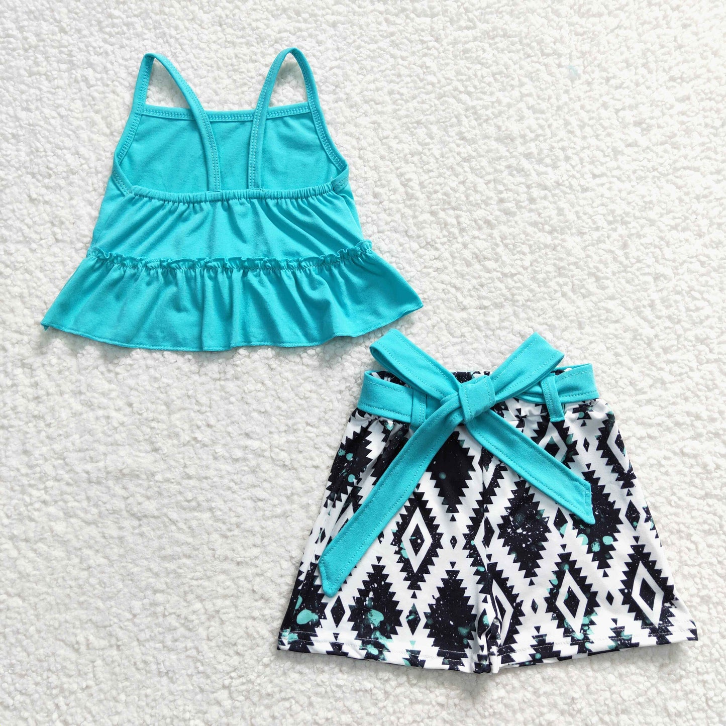 GSSO0201 Green Blue Western Bow Girls Sleeveless Shorts Outfits