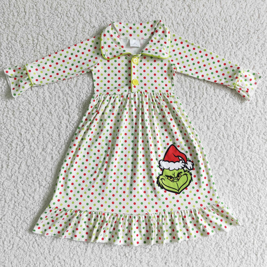 6 B3-23 Christmas Green Cartoon Dots Collar Girls Long Sleeve Dresses