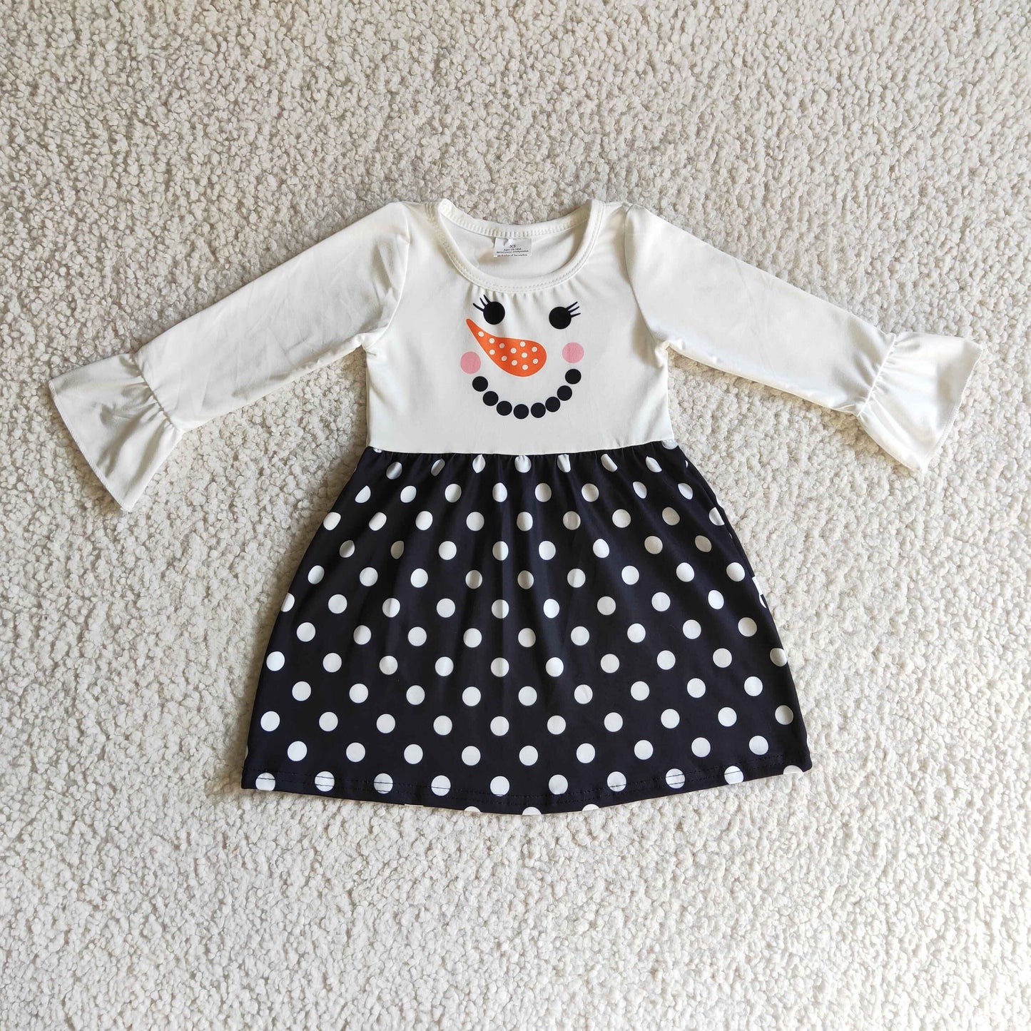 GLD0119 Snow Winter Snowman Black White Dots Girls Long Sleeve Dresses