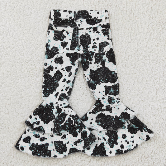 P0031 Blue Black White Cow Print Double Ruffles Denim Jeans