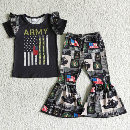 Clearance A16-16 Army Green And Black Flag Girls Short Sleeve Pants Outfits