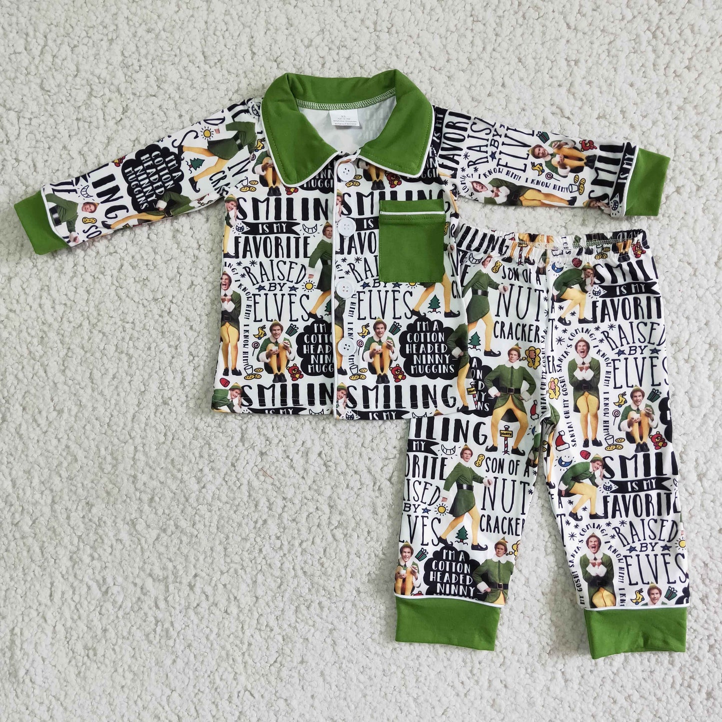 6 B12-27 Christmas Green Cartoon Collar Boys Long Sleeve Pajamas