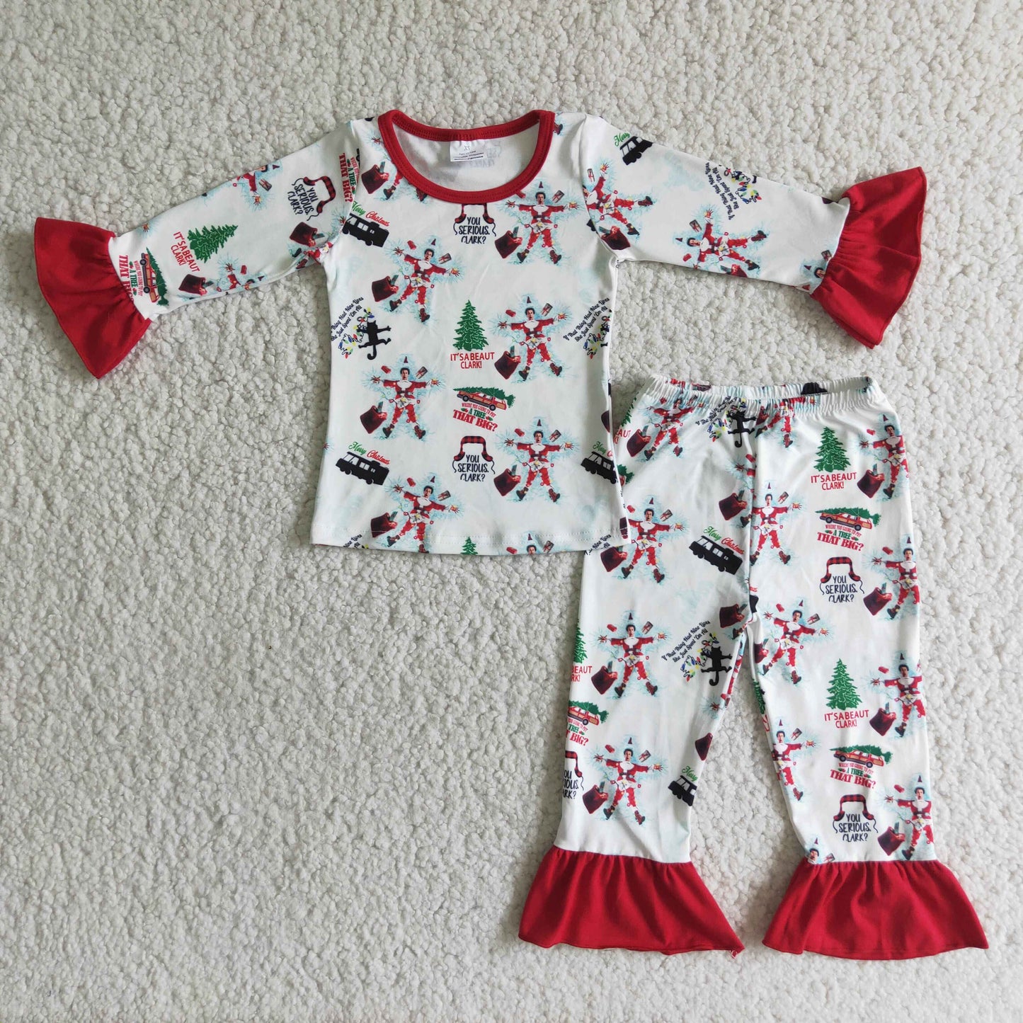 Clearance 6 A2-18 Christmas Red Ruffles Girls Long Sleeve Pajamas