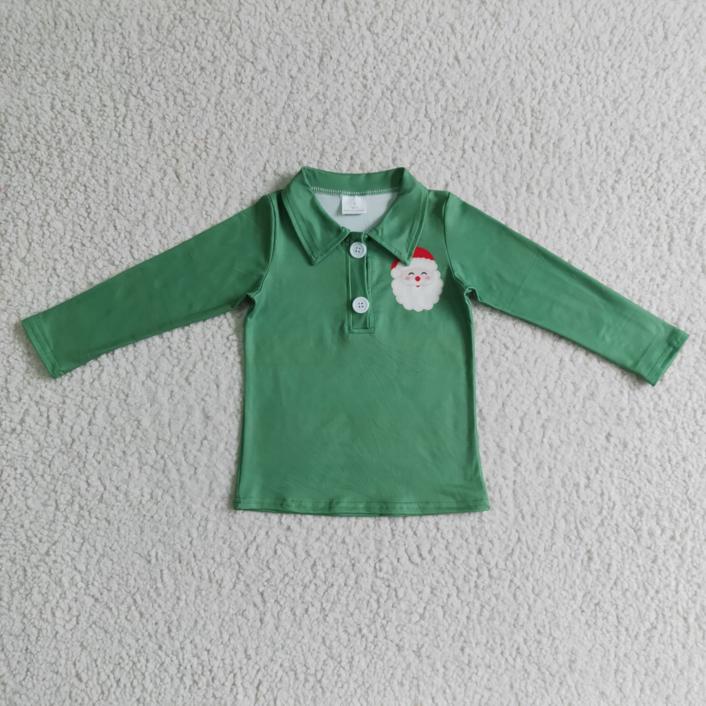 BT0073 Christmas Santa Green White Boys Long Sleeve Top Collar Polo Pullover T-Shirts