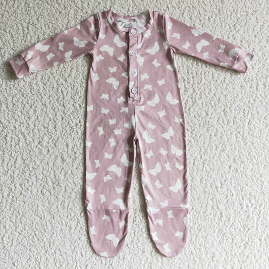 LR0118 Pink Butterfly Girls Long Sleeve Romper