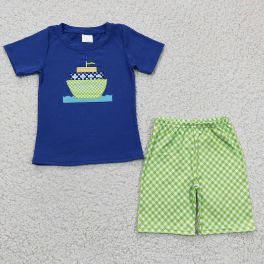 promotion RTS BSSO0097 Blue Green Plaid Boat Embroidery Boys Short Sleeve Shorts Outfits