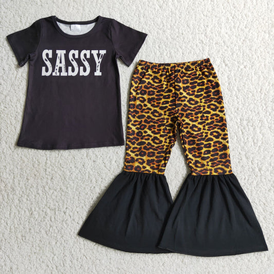 Clearance A17-22 Sassy  Black Leopard Girls Short Sleeve Bell Bottom Pants Outfits