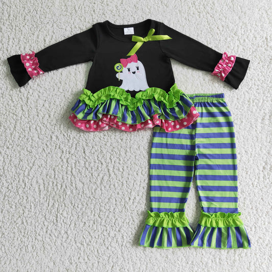 GLP0182 Halloween Ghost Cartoon Green Blue Stripes Embroidery Ruffles Tunic Girls Long Sleeve Pants Outfits