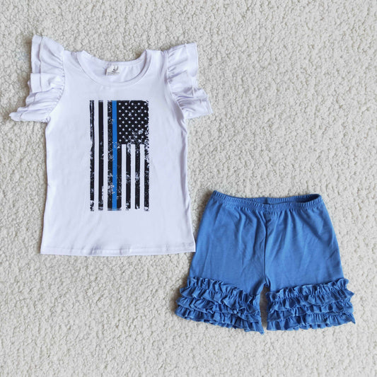 Clearance A7-12 4th Of July Blue Flag Girls Short Sleeve Shorts Outfits