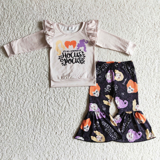 GLP0228 Halloween Witch Cartoon Purple Girls Long Sleeve Bell Bottom Pants Outfits