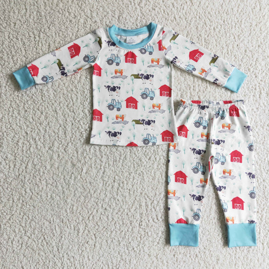 BLP0103 Blue Red Farm Life Cow Boys Long Sleeve Pants Outfits Pajamas