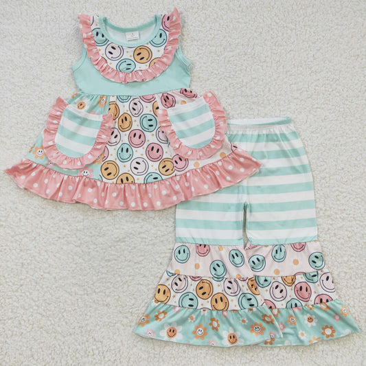 GSPO0503 Pink Blue Smile Emoji Pockets Ruffles Tunic Girls Short Sleeve Pants Outfits