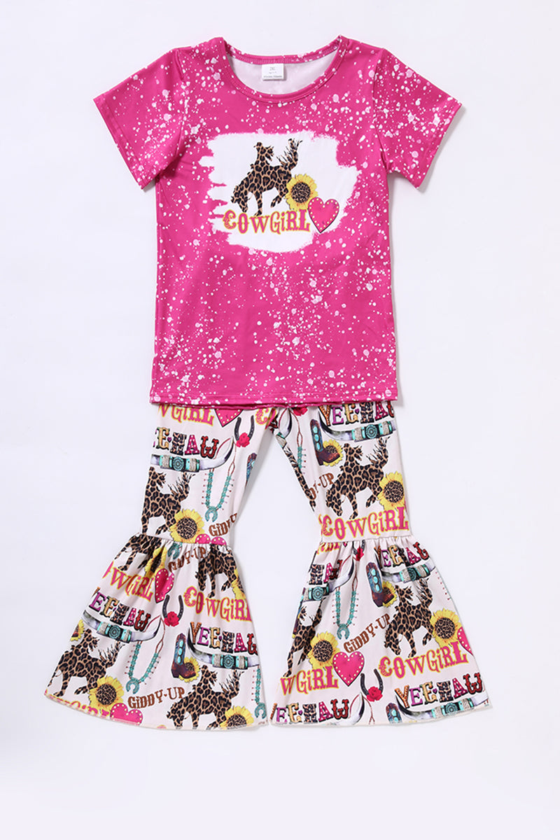 C1-27 Hot Pink Bleach Cowgirl Cool Rodeo Girls Short Sleeve Pants Outfits