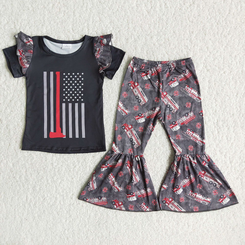 Clearance C7-24 Fire Fighting Truck Baby Girls Bell-pants Outfits